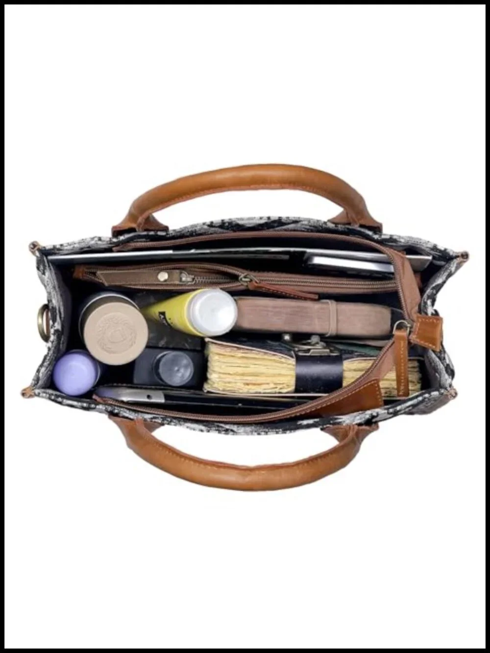 Boho Tote Bag with Leather Accents, Aztec Canvas Shoulder Bag, Laptop Handbag,